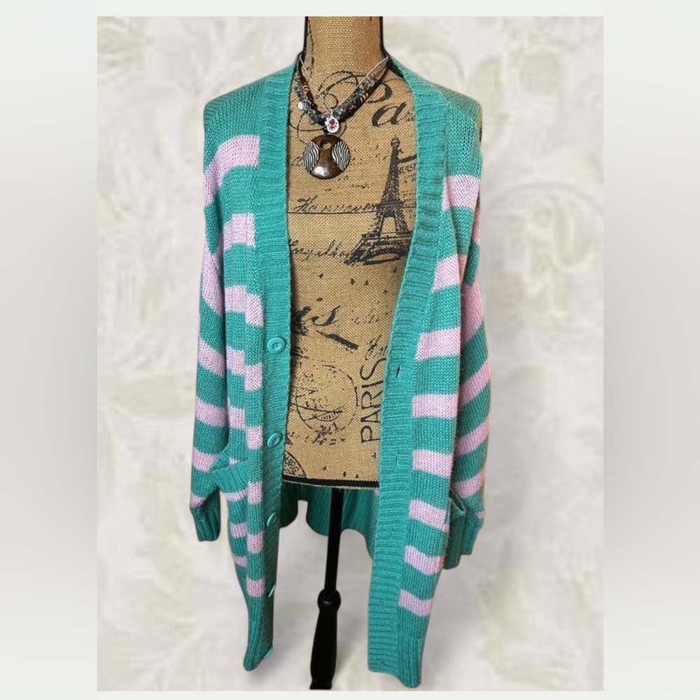 LuLaRoe Teal and Pink Striped Cardigan
